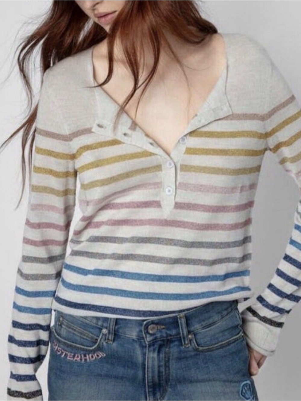 Zadig & Voltaire Hila Lurex Merino Wool Rainbow Stripe Henley Large HTF